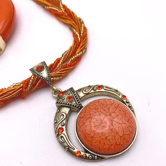 Beautiful Orange Combo of Beaded Necklace and Enamel Bracelet - Picture 4 of 7